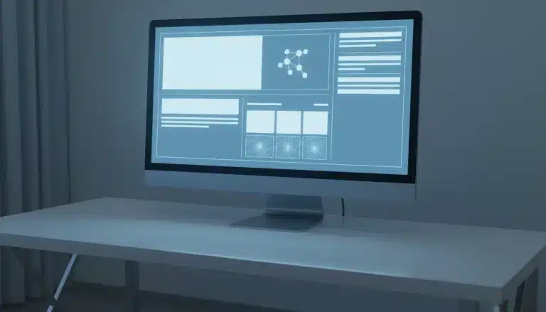 Close-up of a digital product page interface on a monitor with glowing sections for title, description, and reviews.