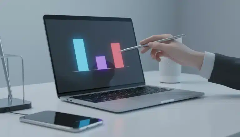 A hand points to a digital bar chart on a laptop screen showing marketing budget allocations.