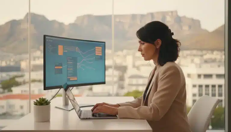 Digital marketer optimizing content on a laptop in a modern office, focused on structured data.