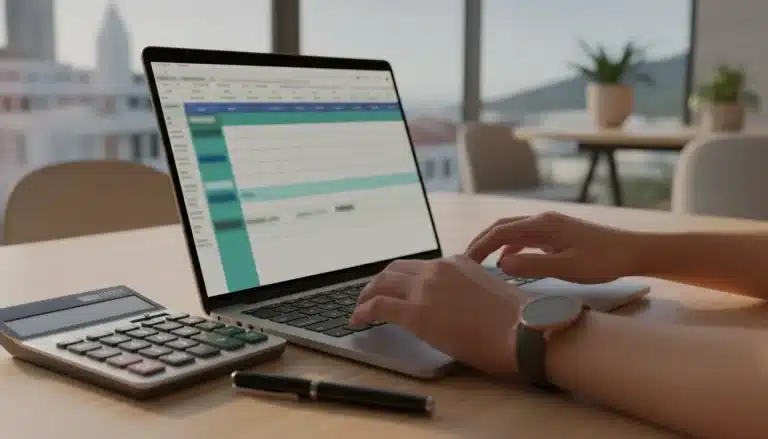 Marketing analyst's hands adjusting a financial spreadsheet on a laptop screen with a calculator nearby.