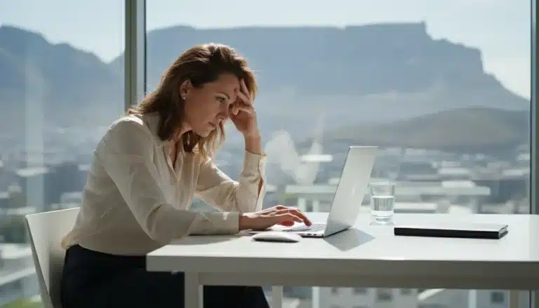 A stressed marketing professional woman works at a laptop in a modern Cape Town office.